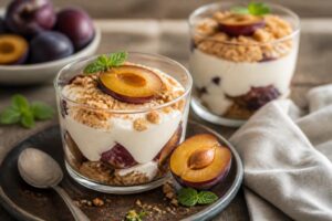 Pflaumen-Mascarpone-Dessert im Glas mit Pflaumenkompott und löffelfester Mascarpone-Creme, garniert mit Zimtstreuseln