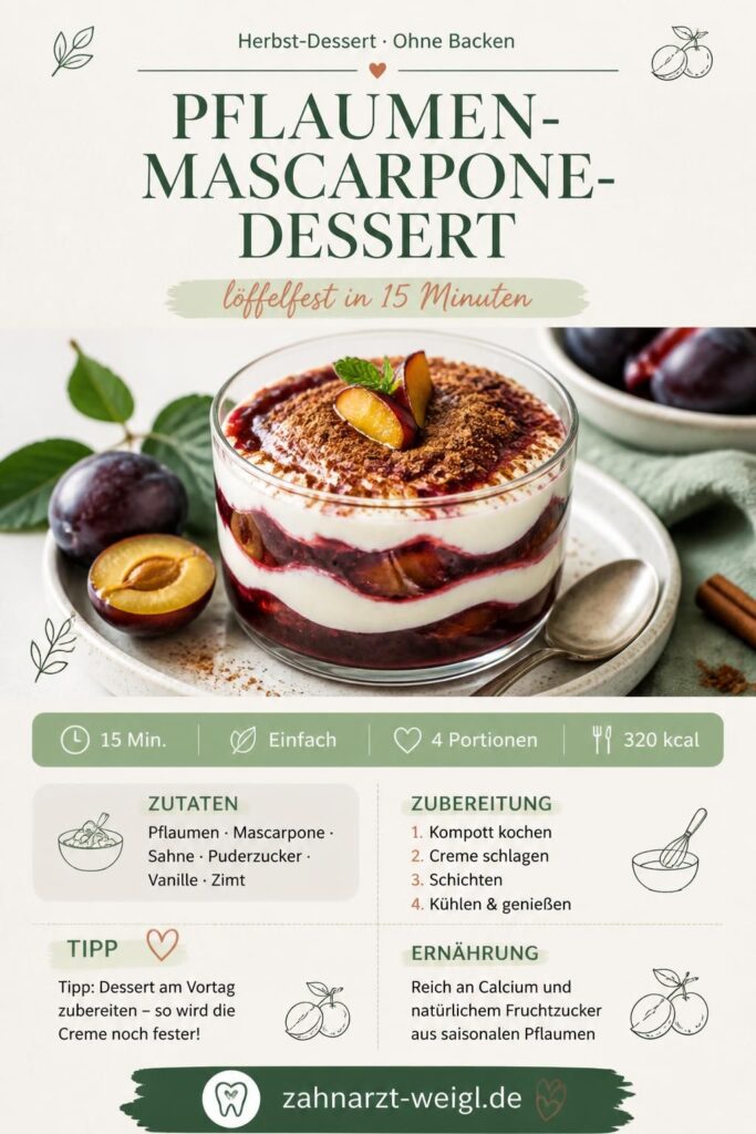 Pflaumen-Mascarpone-Dessert ohne Backen im Glas, löffelfeste Creme mit Pflaumenkompott und Zimtstreuseln
