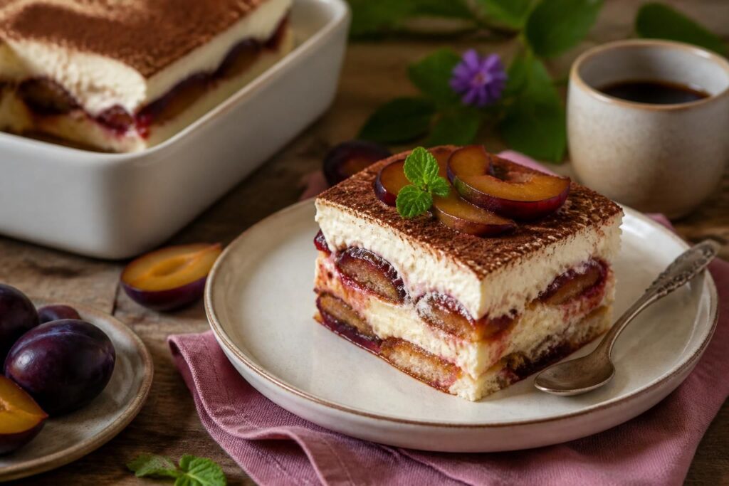 Pflaumen-Tiramisu ohne Ei in Gläsern angerichtet, mit Zwetschgenkompott und Mascarpone-Creme, frisch und cremig