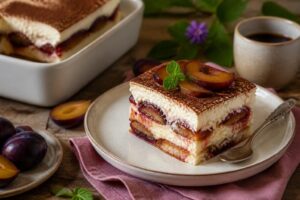 Pflaumen-Tiramisu ohne Ei in Gläsern angerichtet, mit Zwetschgenkompott und Mascarpone-Creme, frisch und cremig
