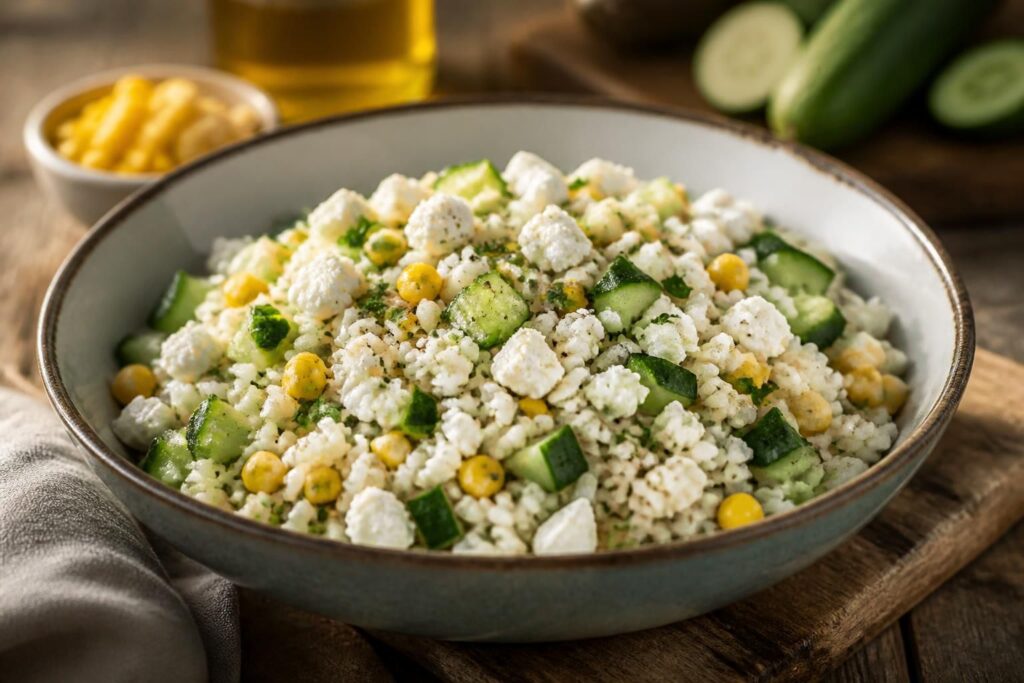 Reissalat mit Mais, Gurke und Feta in einer hellen Schüssel, garniert mit Feta-Würfeln, frischer Gurke und Kräutern, von oben fotografiert