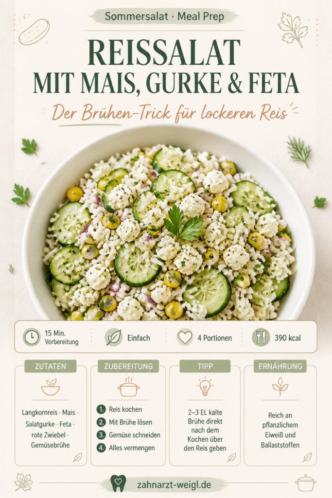 Reissalat mit Mais, Gurke und Feta in einer weißen Schüssel – Pinterest-Rezeptkarte