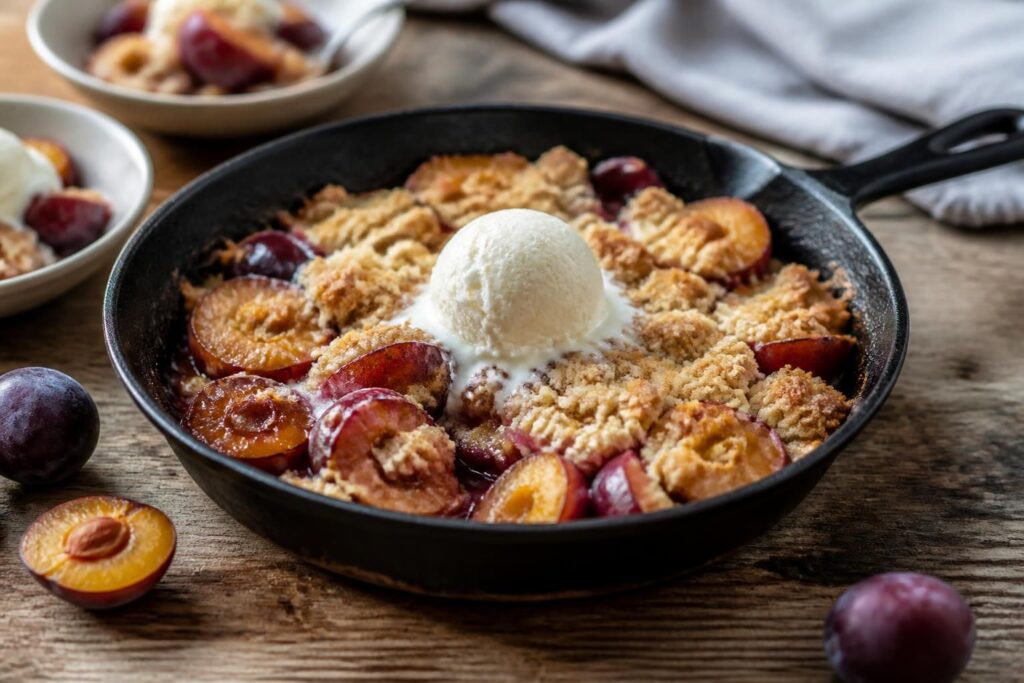 Renekloden-Crumble aus der Pfanne: goldene Streusel über karamellisierten grünen Renekloden, serviert mit einer Kugel Vanilleeis