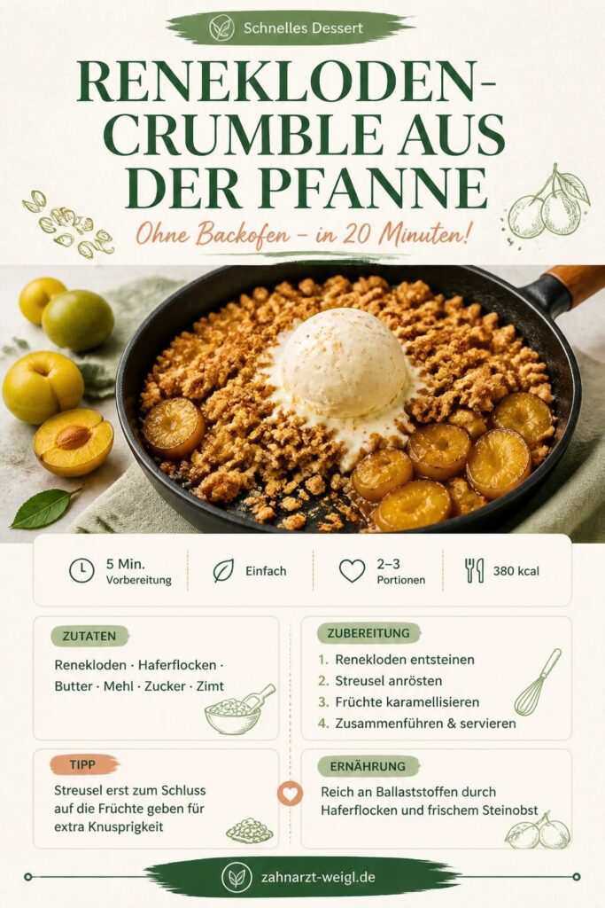 Renekloden-Crumble aus der Pfanne mit goldenen Streuseln und Vanilleeis