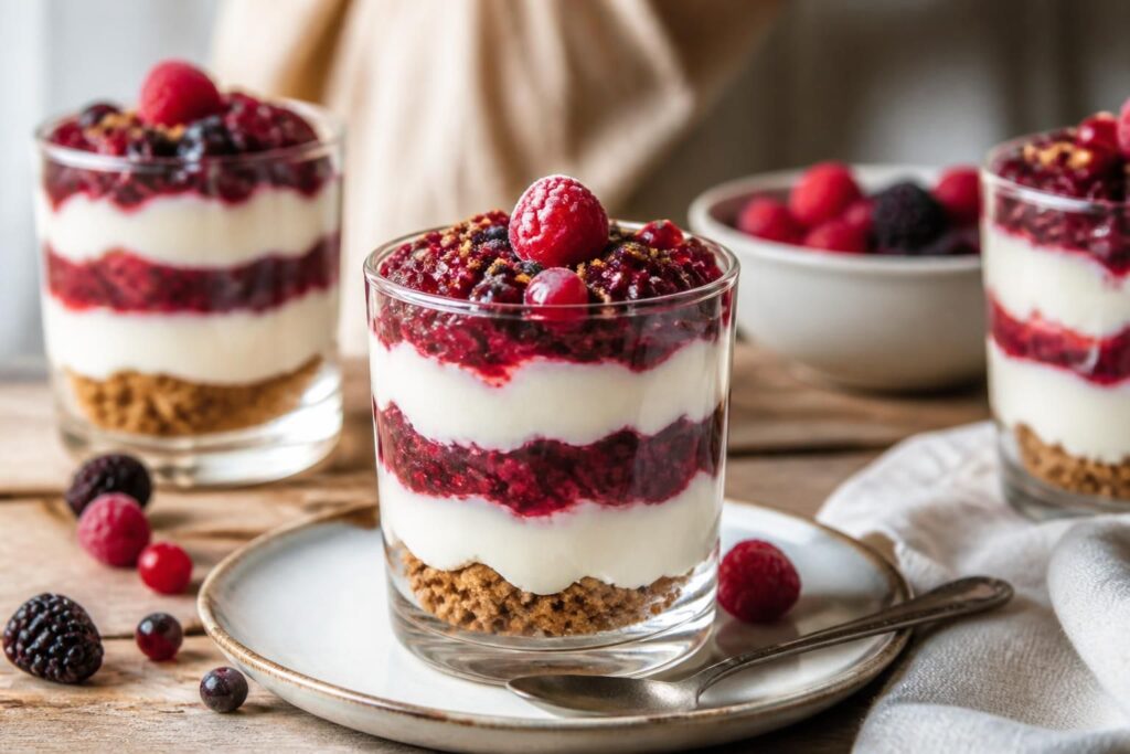 Rote-Grütze-Cheesecake im Glas ohne Backen: Schichten aus Keksboden, Frischkäsecreme und Roter Grütze in einem Dessertglas, von oben fotografiert