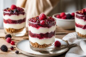 Rote-Grütze-Cheesecake im Glas ohne Backen: Schichten aus Keksboden, Frischkäsecreme und Roter Grütze in einem Dessertglas, von oben fotografiert