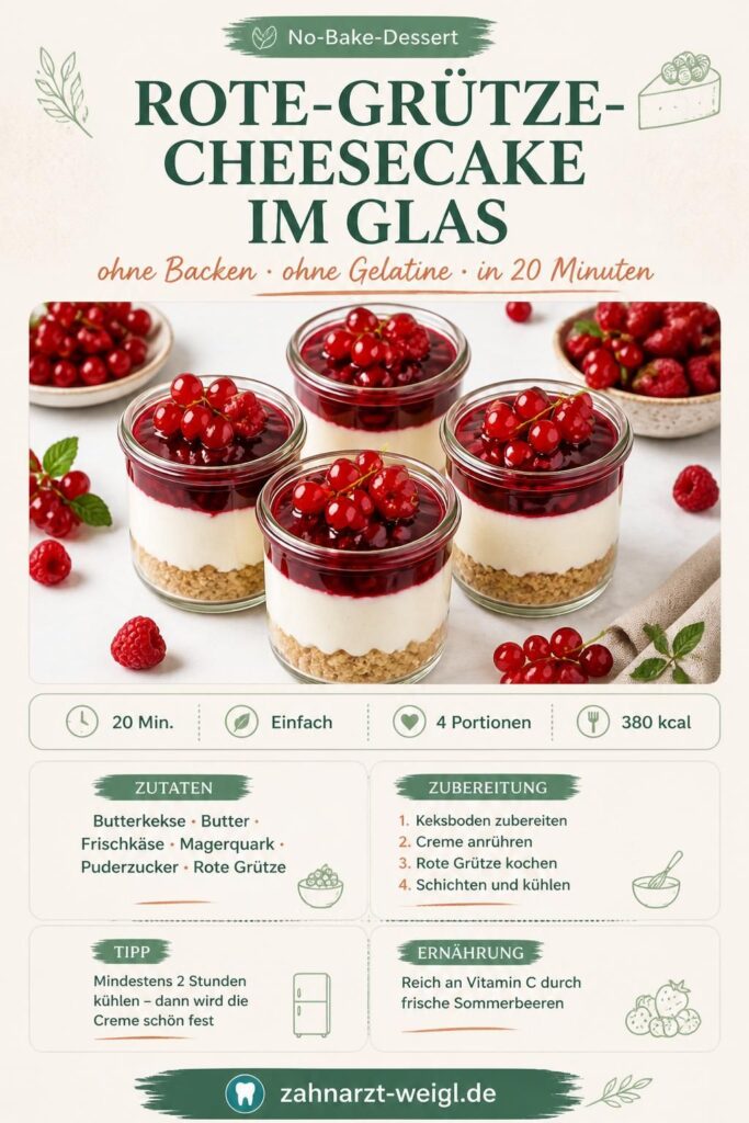 Rote-Grütze-Cheesecake im Glas ohne Backen: Schichten aus Keksboden, Frischkäsecreme und Roter Grütze im Dessertglas
