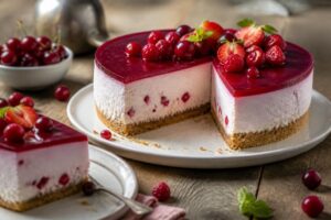 Angeschnittene Rote-Grütze-Torte ohne Backen auf einem weißen Tortenständer, mit sichtbarer Quarkcreme-Schicht und glänzender roter Beerenschicht obenauf
