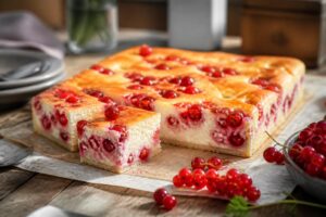 Rote-Johannisbeer-Käsekuchen vom Blech ohne Boden, angeschnitten auf einem Holzbrett mit frischen roten Johannisbeeren als Dekoration