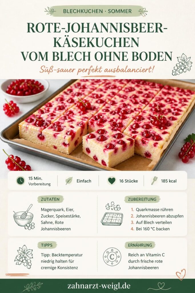 Rote-Johannisbeer-Käsekuchen vom Blech ohne Boden auf einem Schneidebrett mit frischen roten Johannisbeeren