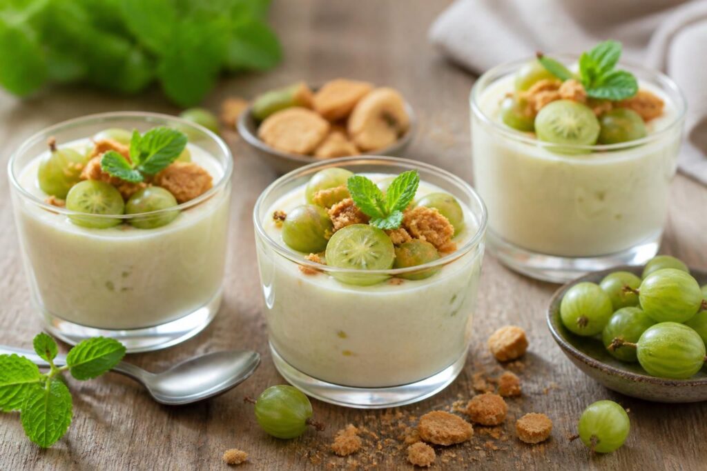 Stachelbeer-Creme im Glas ohne Gelatine, mit frischen Stachelbeeren garniert, serviert in Portionsgläsern auf einem hellen Holztisch