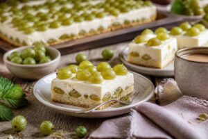 Stachelbeer-Quark-Schnitten vom Blech in quadratischen Stücken auf einem Holzbrett, cremige Quarkcreme mit frischen Stachelbeeren, Draufsicht