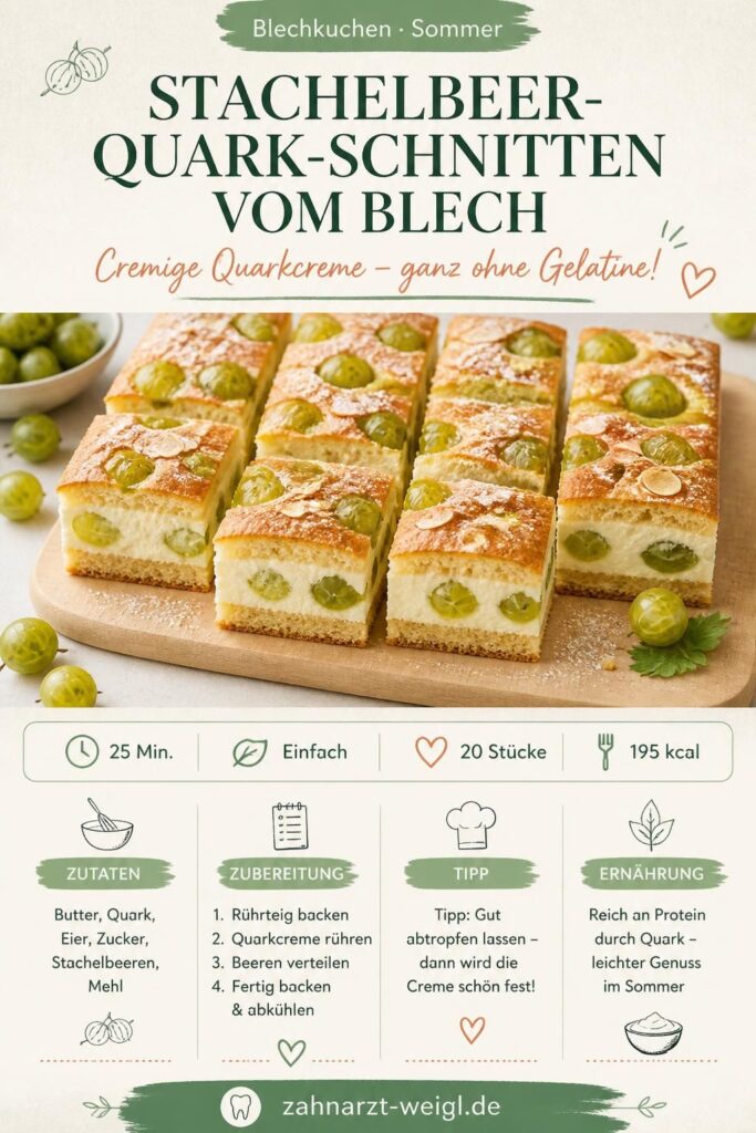 Stachelbeer-Quark-Schnitten vom Blech ohne Gelatine – cremige Quarkcreme mit frischen Stachelbeeren, quadratisch geschnitten