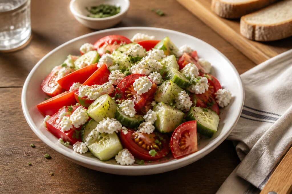 Tomaten-Gurken-Salat mit körnigem Frischkäse in einer hellen Schüssel, garniert mit frischem Basilikum und Sonnenblumenkernen