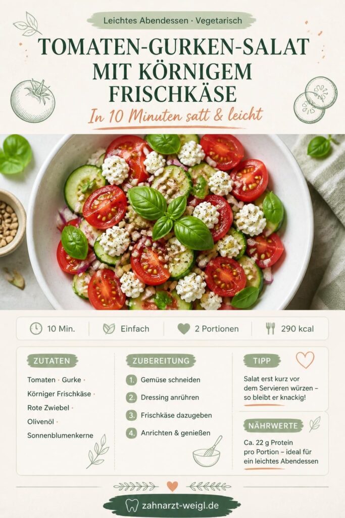 Tomaten-Gurken-Salat mit körnigem Frischkäse in einer hellen Schüssel, bereit zum Servieren