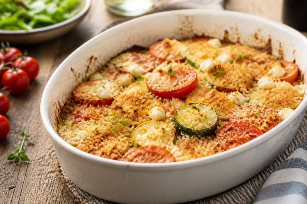Tomaten-Zucchini-Auflauf mit Feta und goldbrauner Semmelbrösel-Kruste in einer Auflaufform, frisch aus dem Ofen