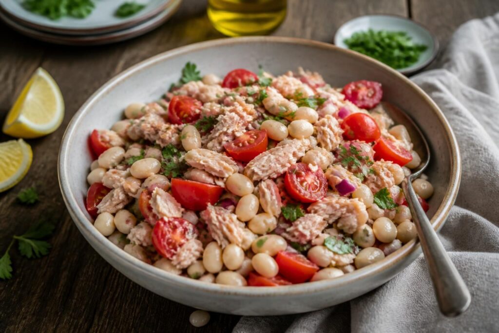 Weißer Bohnensalat mit Thunfisch, Cocktailtomaten und Zitronen-Dressing in einer hellen Schüssel, mediterran angerichtet