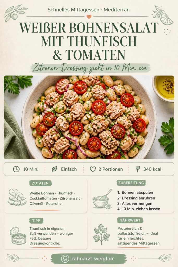 Weißer Bohnensalat mit Thunfisch, Tomaten und Zitronen-Dressing – Pinterest-Rezeptkarte