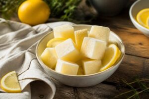 Zitronen-Buttermilch-Eiswürfel ohne Eismaschine auf einem weißen Teller mit frischen Zitronenscheiben und Minzblättern