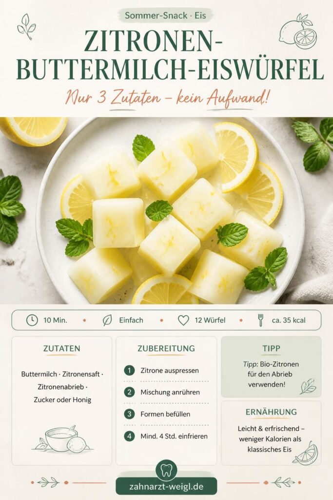 Zitronen-Buttermilch-Eiswürfel ohne Eismaschine auf einem weißen Teller mit Minze und Zitronenscheiben