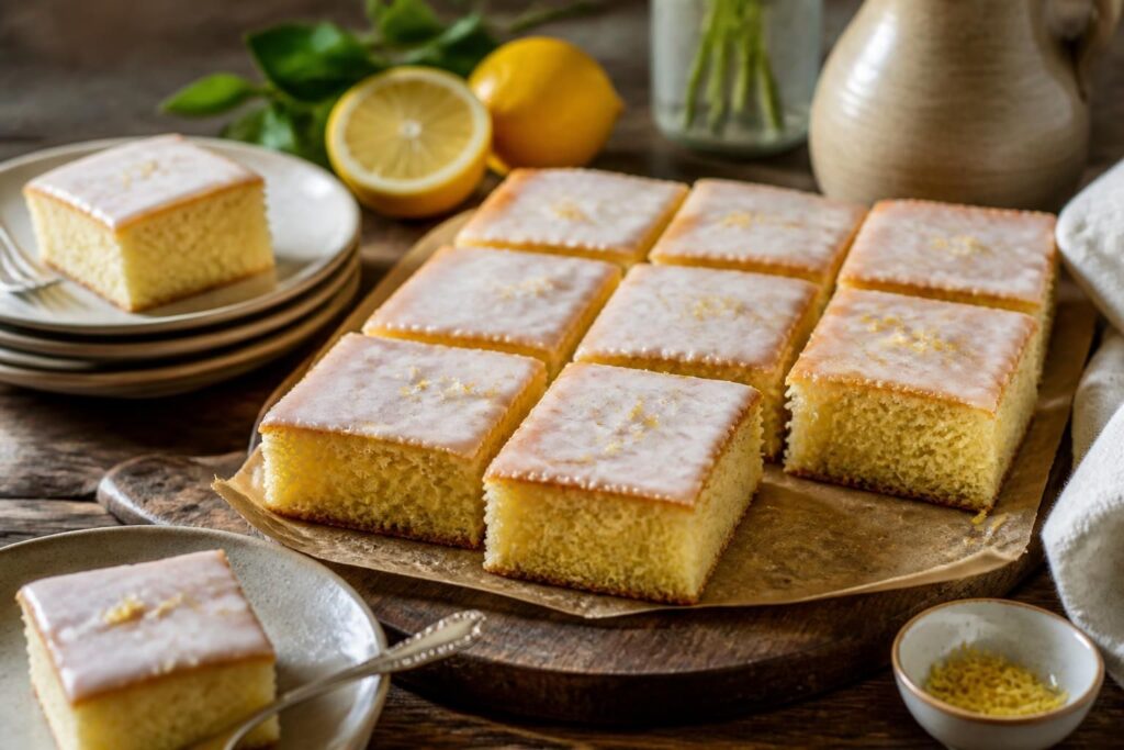 Zitronen-Buttermilch-Schnitten vom Blech mit glänzendem Zitronenzuckerguss, in Stücke geschnitten auf einem Holzbrett, garniert mit Zitronenscheiben und frischer Minze