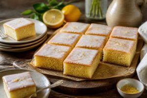 Zitronen-Buttermilch-Schnitten vom Blech mit glänzendem Zitronenzuckerguss, in Stücke geschnitten auf einem Holzbrett, garniert mit Zitronenscheiben und frischer Minze