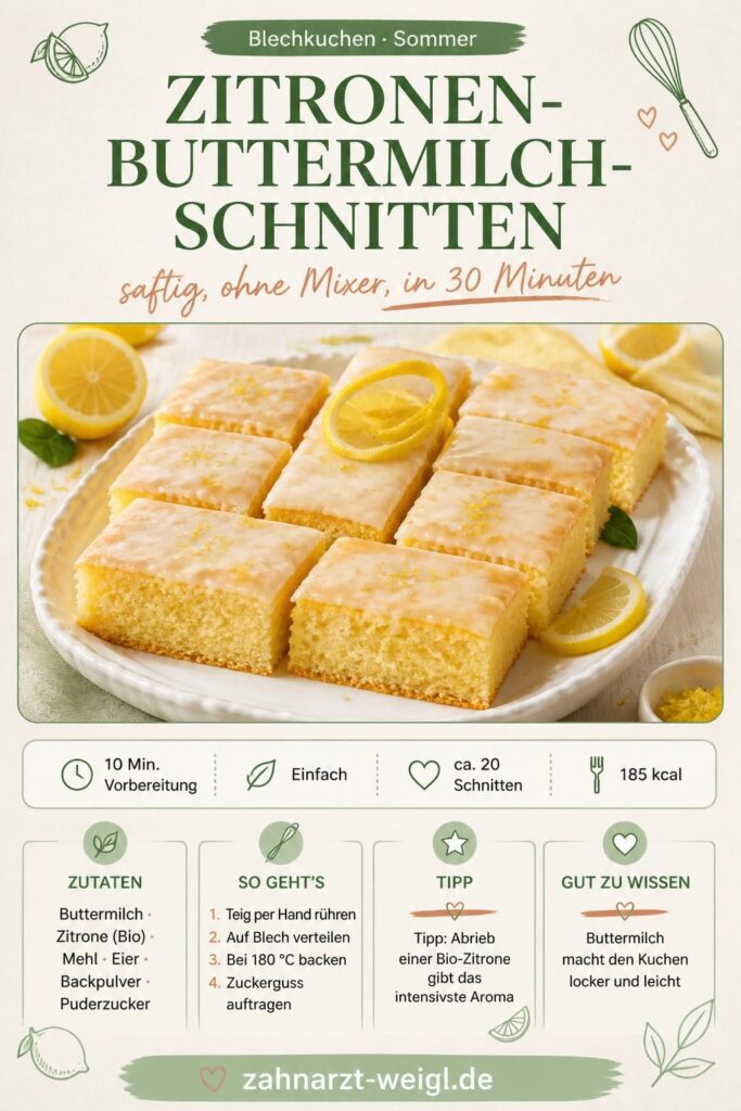 Zitronen-Buttermilch-Schnitten vom Blech mit Zitronenzuckerguss, in Stücke geschnitten