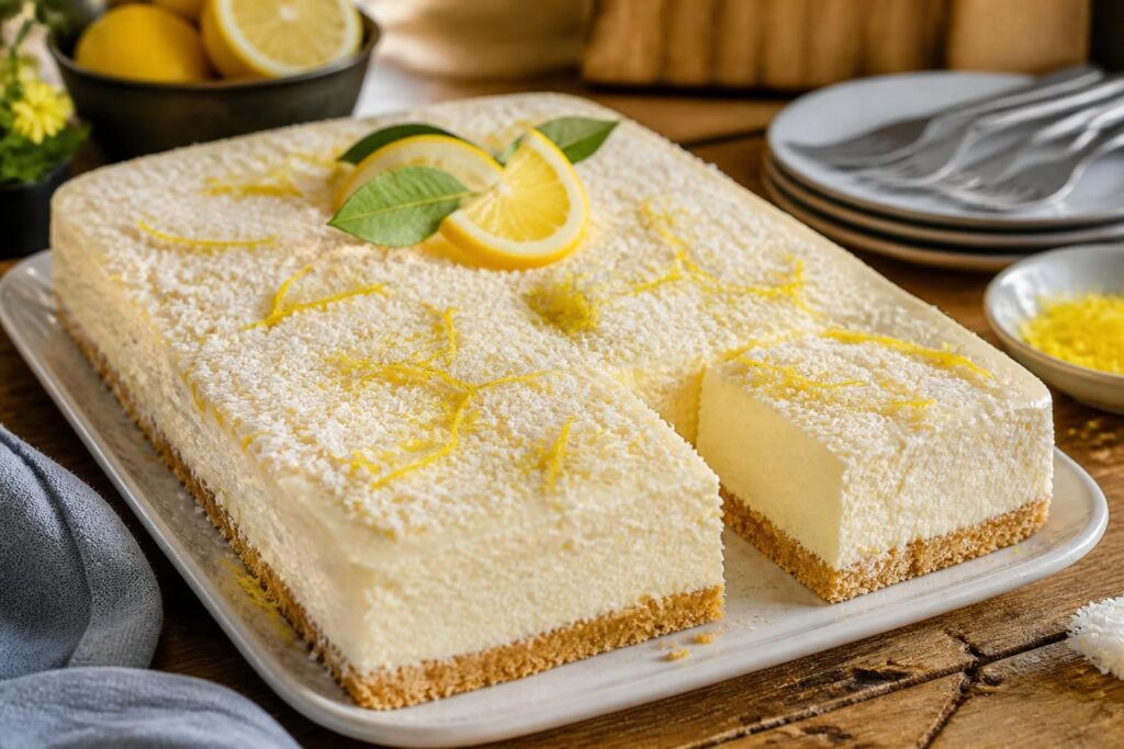 Zitronen-Kokos-Kühlschrankkuchen ohne Backen, die Creme wird ohne Gelatine stabil und frisch