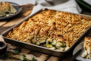 Zucchini-Feta-Auflauf vom Blech mit goldener Haferflocken-Kruste, frisch aus dem Ofen, von oben fotografiert