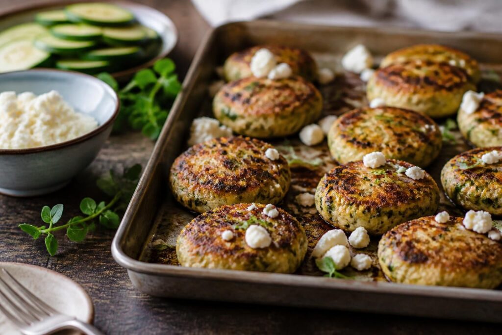 Goldbraune Zucchini-Feta-Frikadellen auf einem Backblech mit Backpapier, frisch aus dem Ofen, mit Kräutern und Tzatziki serviert