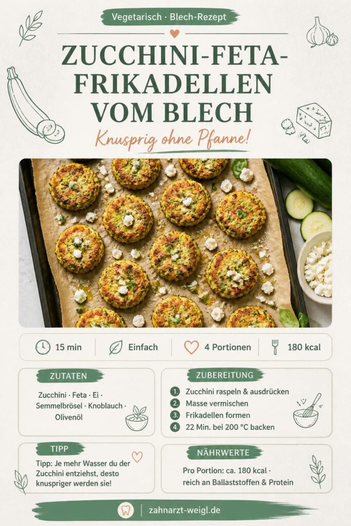 Zucchini-Feta-Frikadellen vom Blech auf Backpapier, goldbraun gebacken, mit Tzatziki und Kräutern