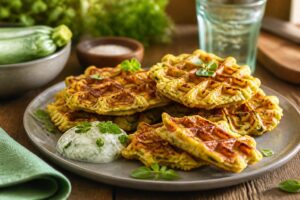 Goldbraune Zucchini-Käse-Waffeln ohne Mehl auf einem Holzbrett, angeschnitten mit sichtbarem Käsefaden, garniert mit frischen Kräutern