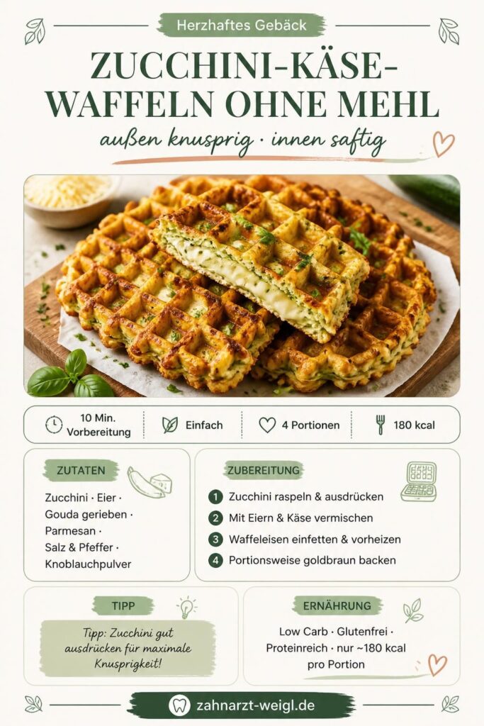 Zucchini-Käse-Waffeln ohne Mehl – goldbraun und knusprig auf einem Holzbrett