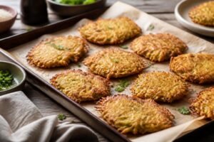 Goldbraune Zucchini-Kohlrabi-Puffer vom Blech mit knusprigen Parmesan-Rändern, auf Backpapier angerichtet, mit Schmand-Dip und frischen Kräutern