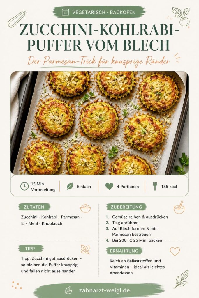 Zucchini-Kohlrabi-Puffer vom Blech mit Parmesan-Kruste auf Backpapier, Pinterest-Pin