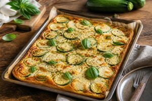 Zucchini-Mozzarella-Omelett vom Blech, goldbraun gebacken mit geschmolzenem Mozzarella und frischen Zucchini-Scheiben, auf einem Backblech angerichtet