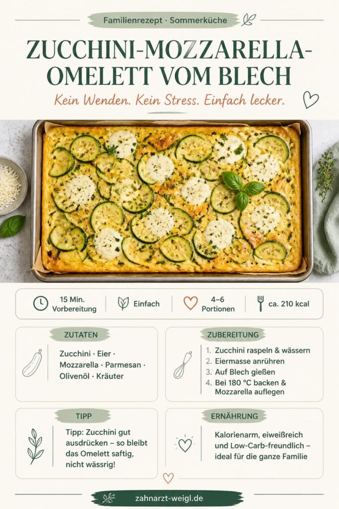 Zucchini-Mozzarella-Omelett vom Blech, goldbraun gebacken mit geschmolzenem Käse – Pinterest-Rezeptbild