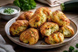 Zucchini-Ricotta-Puffer vom Blech, außen goldbraun knusprig und innen cremig saftig, auf Backpapier angerichtet mit frischen Kräutern