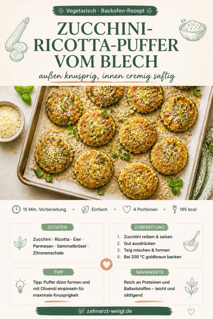 Zucchini-Ricotta-Puffer vom Blech, außen knusprig und innen saftig, auf Backpapier mit frischen Kräutern