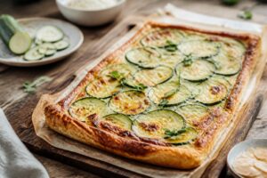 Zucchini-Ricotta-Tarte mit Blätterteig auf einem hellen Holzbrett, Querschnitt zeigt den goldbraunen knusprigen Boden mit cremiger Ricotta-Füllung und Zucchinischeiben
