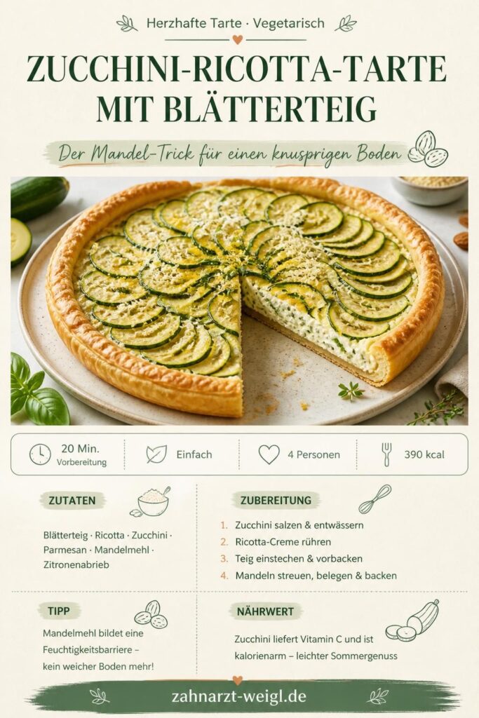 Zucchini-Ricotta-Tarte mit Blätterteig, knuspriger Boden dank Mandel-Trick – Pinterest-Rezeptkarte