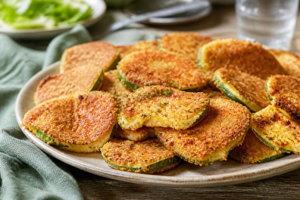 Zucchini-Schnitzel vom Blech mit Parmesan-Kruste, goldbraun gebacken, auf Backpapier angerichtet mit frischen Kräutern