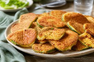 Zucchini-Schnitzel vom Blech mit Parmesan-Kruste, goldbraun gebacken, auf Backpapier angerichtet mit frischen Kräutern