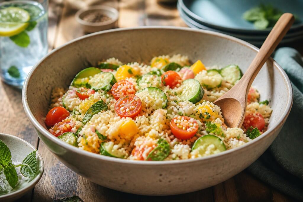 Couscous-Sommersalat mit Kirschtomaten, Gurke, Paprika und frischer Minze in einer hellen Schüssel, von oben fotografiert
