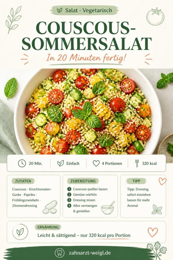 Couscous-Sommersalat mit Kirschtomaten, Gurke, Paprika und frischer Minze – Pinterest-Rezeptkarte