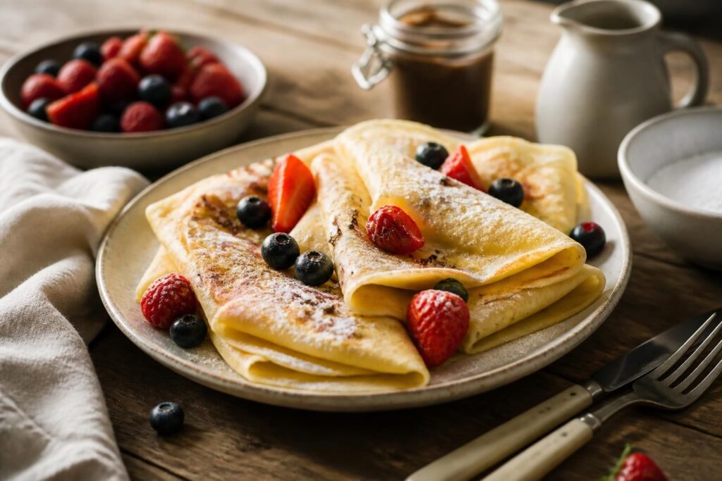 Frisch gebackene Crêpes auf einem weißen Teller, dünn gerollt und mit Puderzucker bestäubt, daneben Zitronenscheiben und frische Erdbeeren