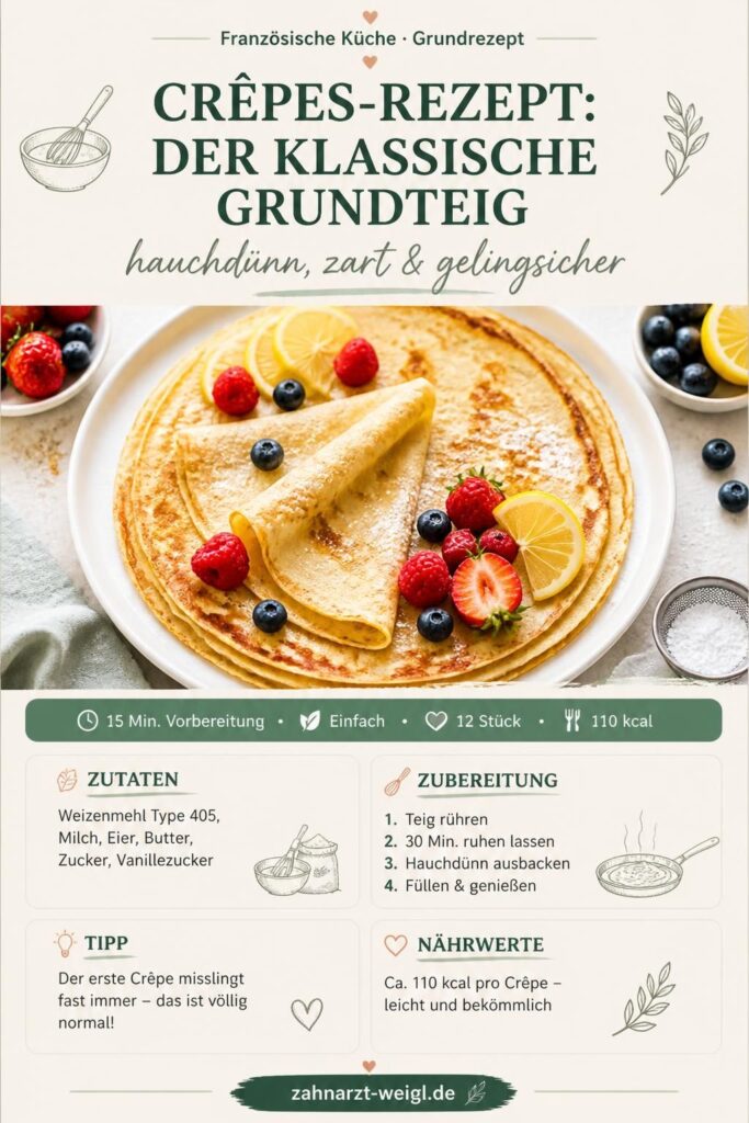 Hauchdünne Crêpes auf einem weißen Teller mit Puderzucker und Zitrone – klassisches Crêpes-Rezept
