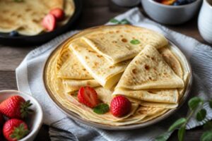 Frisch gebackene Crêpes auf einem Holzteller, garniert mit Zitronenscheiben und Puderzucker, von oben fotografiert