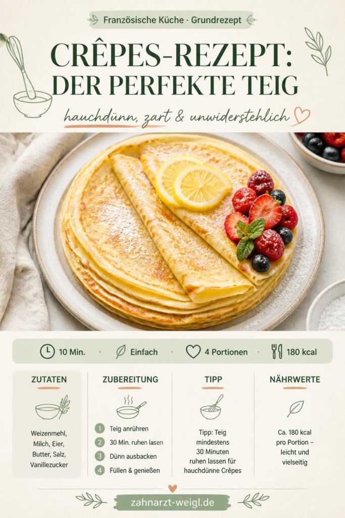 Crêpes-Rezept Pinterest Pin: hauchdünne Crêpes mit Zitrone und Puderzucker