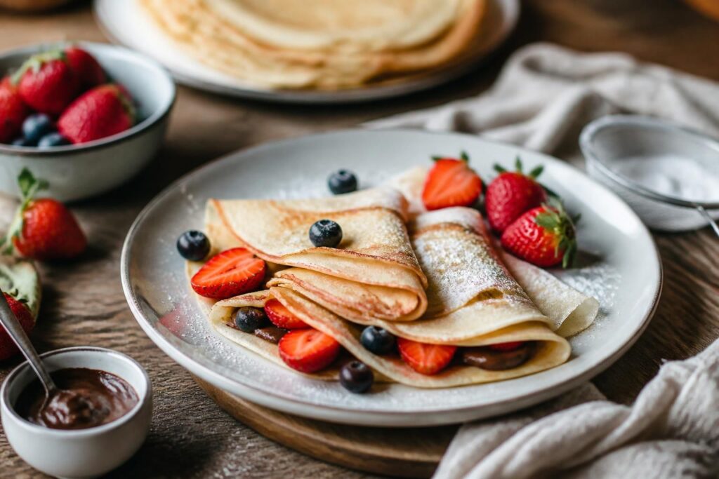 Goldbraune, hauchdünne Crêpes auf einem weißen Teller, mit frischen Erdbeeren und Puderzucker – klassisches Crêpes-Rezept